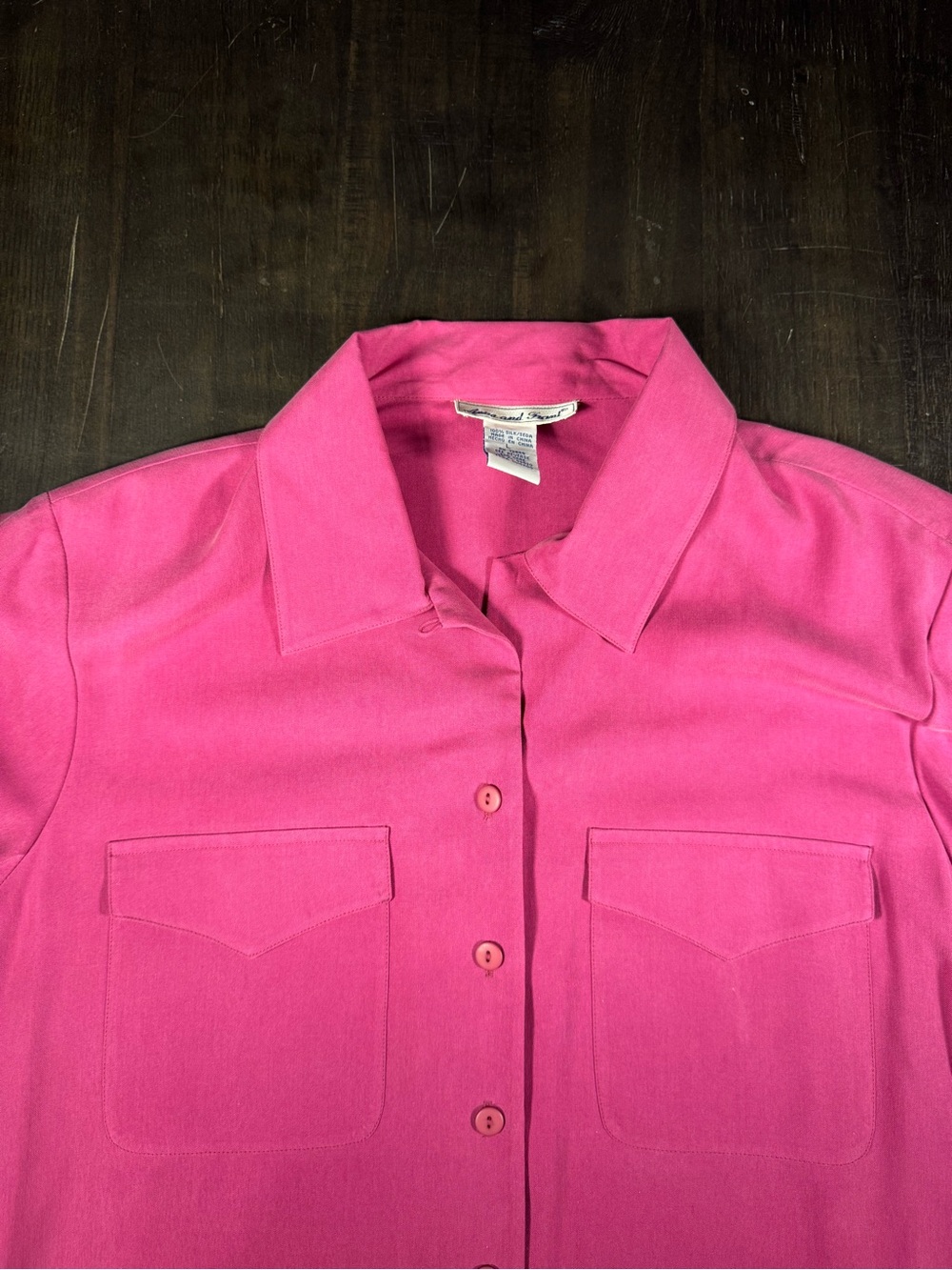 Anna and Frank Women’s 100% Silk Pink Button-Up Shirt with Chest Pockets